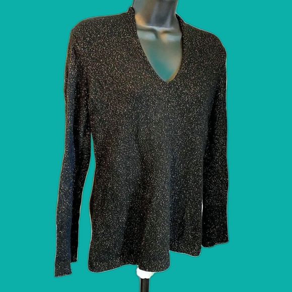 🟢 Ann Taylor Women's Wool Cashmere Blend Black Gold Metallic V Neck Sweater - Picture 1 of 8